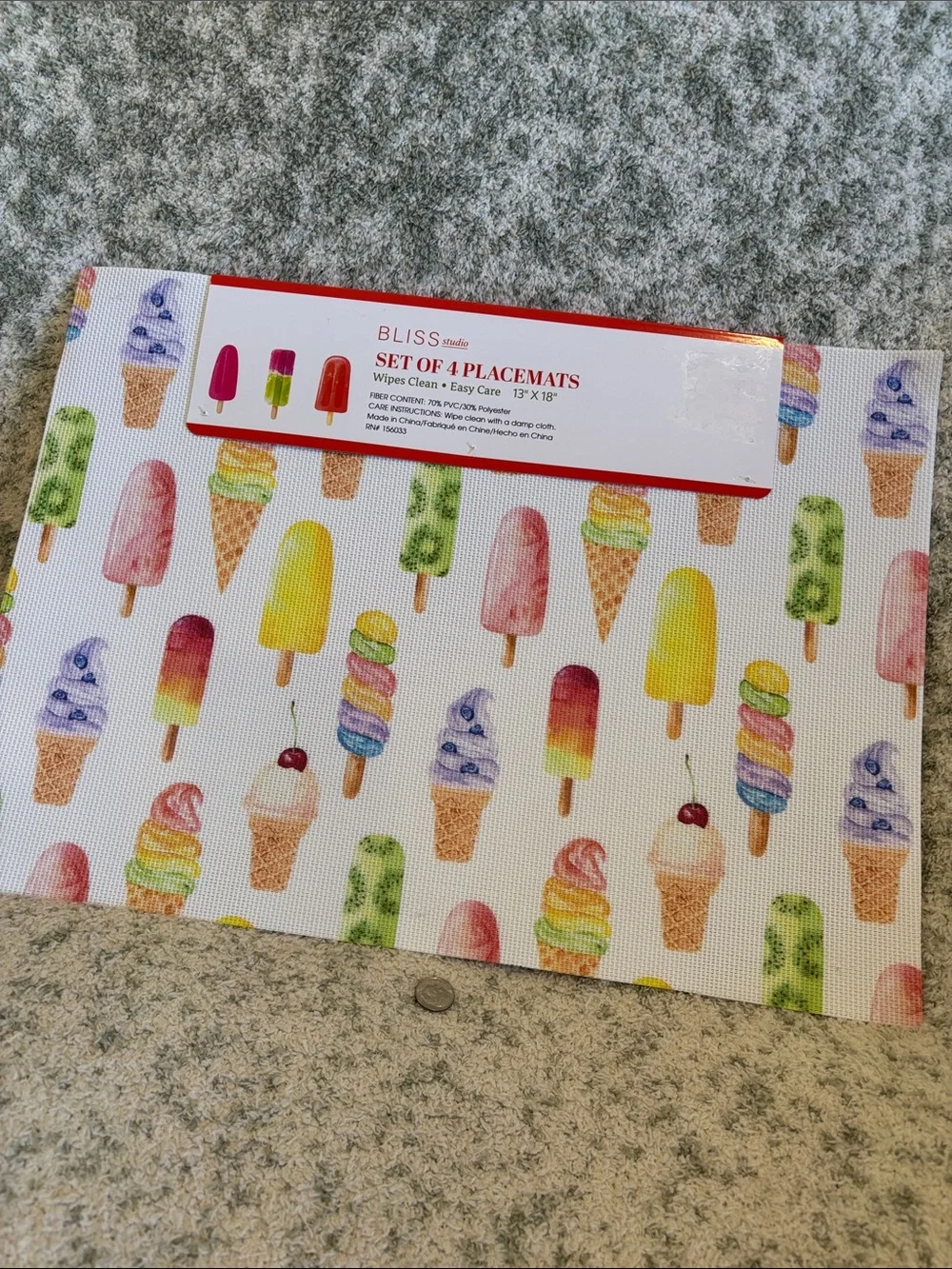 Ice Cream Popsicle Placemat Set of 4 NWT Bliss Studio 13x18” pvc polyester